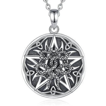 925 Sterling Silver Witchy Pentagram Snake Necklace Celtic knot Wicca Pagan Jewelry-MoonChildWorld