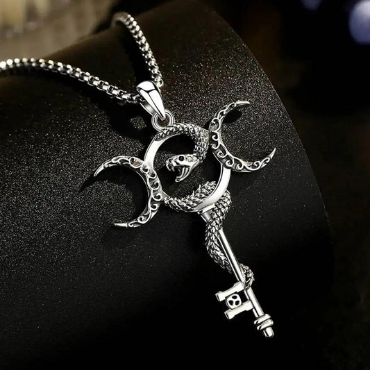 925 Sterling Silver Witchy Snake Key and Hecate Triple Moon Necklace Pagan Wicca Jewelry-MoonChildWorld