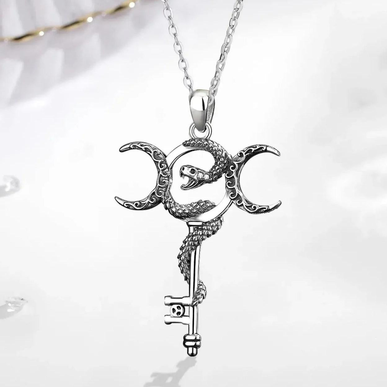 925 Sterling Silver Witchy Snake Key and Hecate Triple Moon Necklace Pagan Wicca Jewelry-MoonChildWorld