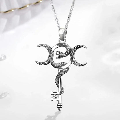 925 Sterling Silver Witchy Snake Key and Hecate Triple Moon Necklace Pagan Wicca Jewelry-MoonChildWorld