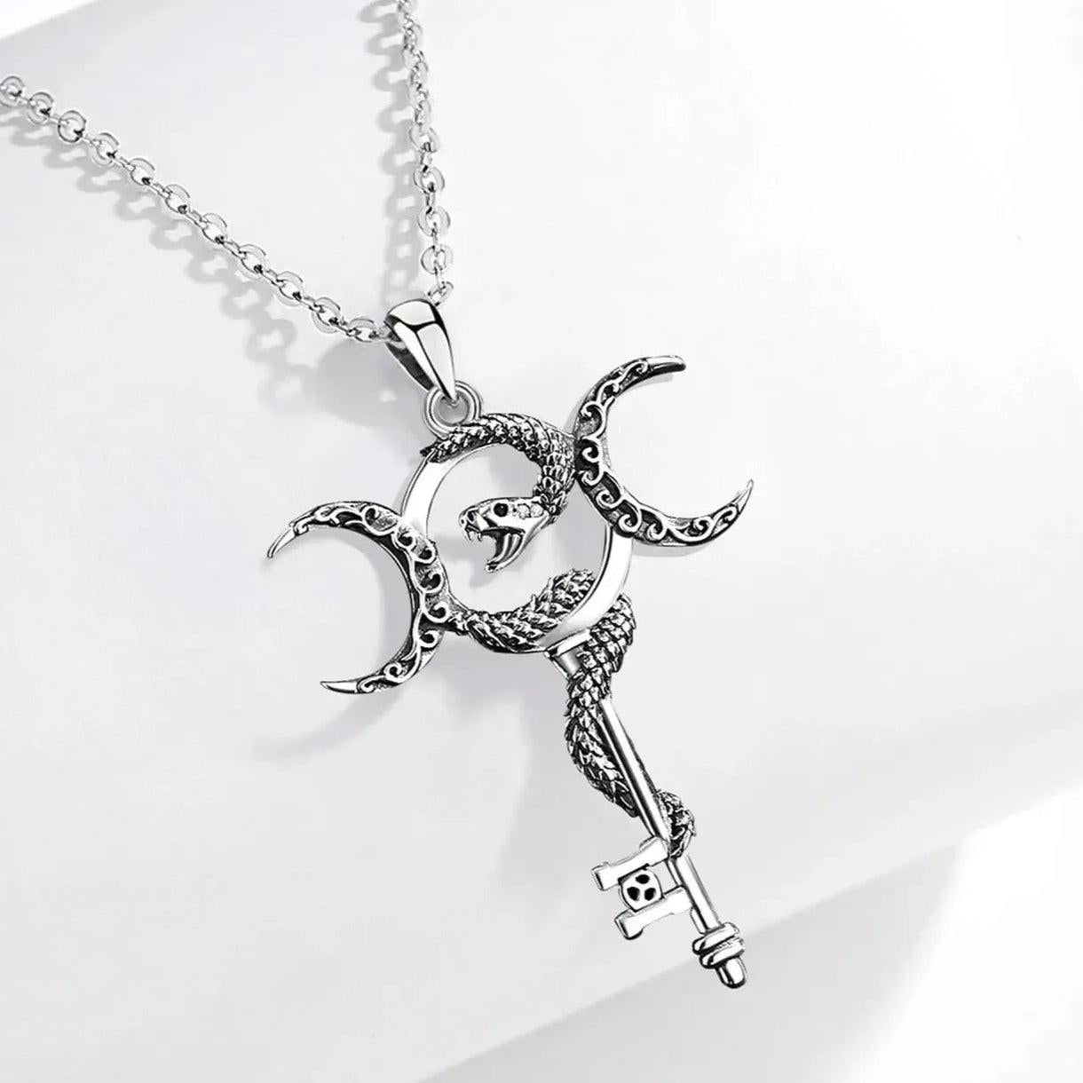 925 Sterling Silver Witchy Snake Key and Hecate Triple Moon Necklace Pagan Wicca Jewelry-MoonChildWorld