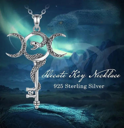 925 Sterling Silver Witchy Snake Key and Hecate Triple Moon Necklace Pagan Wicca Jewelry-MoonChildWorld