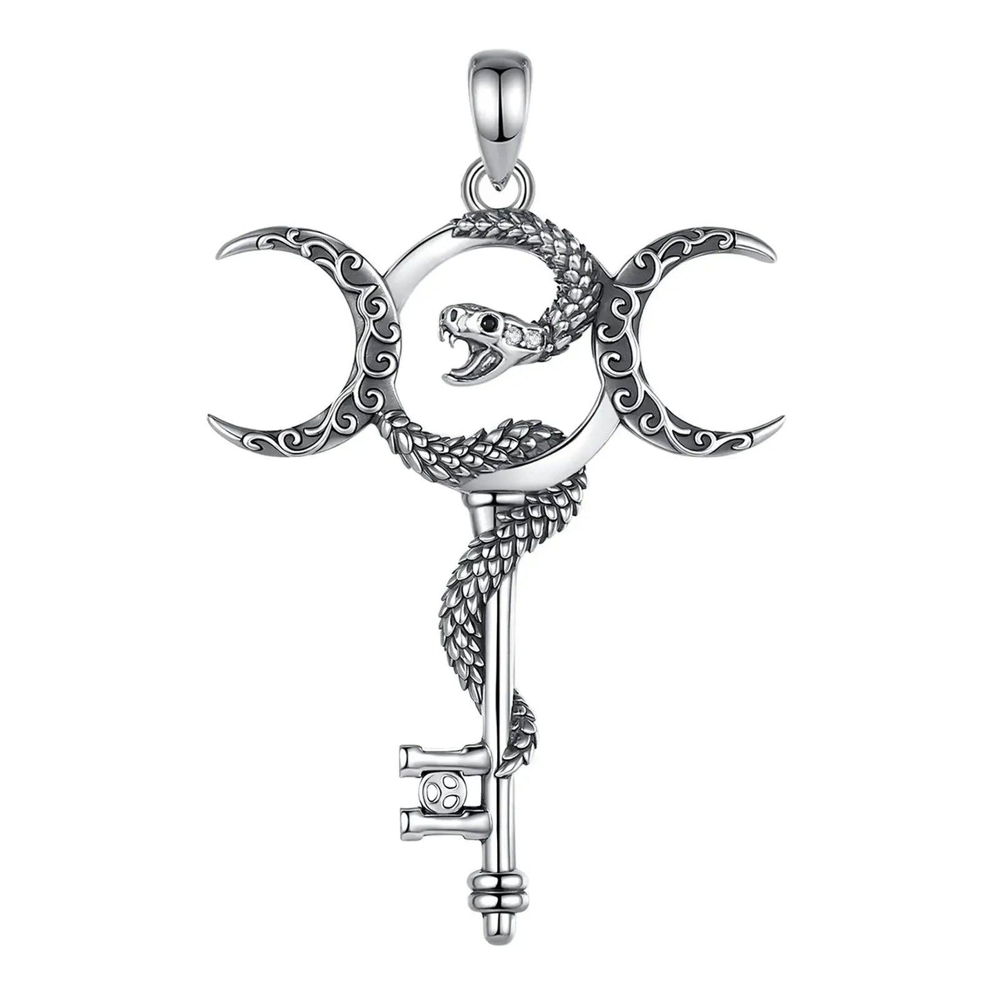 925 Sterling Silver Witchy Snake Key and Hecate Triple Moon Necklace Pagan Wicca Jewelry-MoonChildWorld