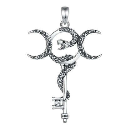 925 Sterling Silver Witchy Snake Key and Hecate Triple Moon Necklace Pagan Wicca Jewelry-MoonChildWorld