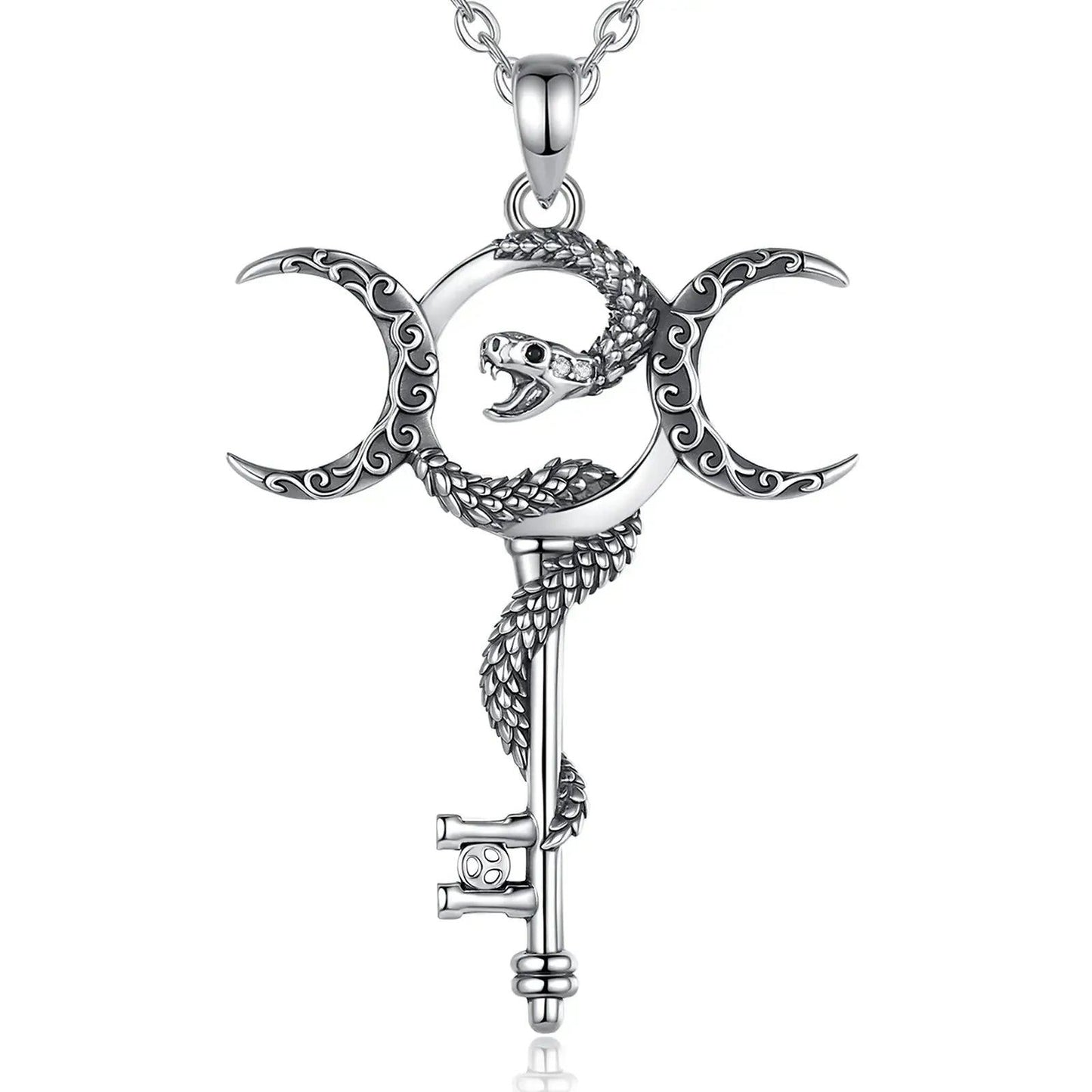 925 Sterling Silver Witchy Snake Key and Hecate Triple Moon Necklace Pagan Wicca Jewelry-MoonChildWorld