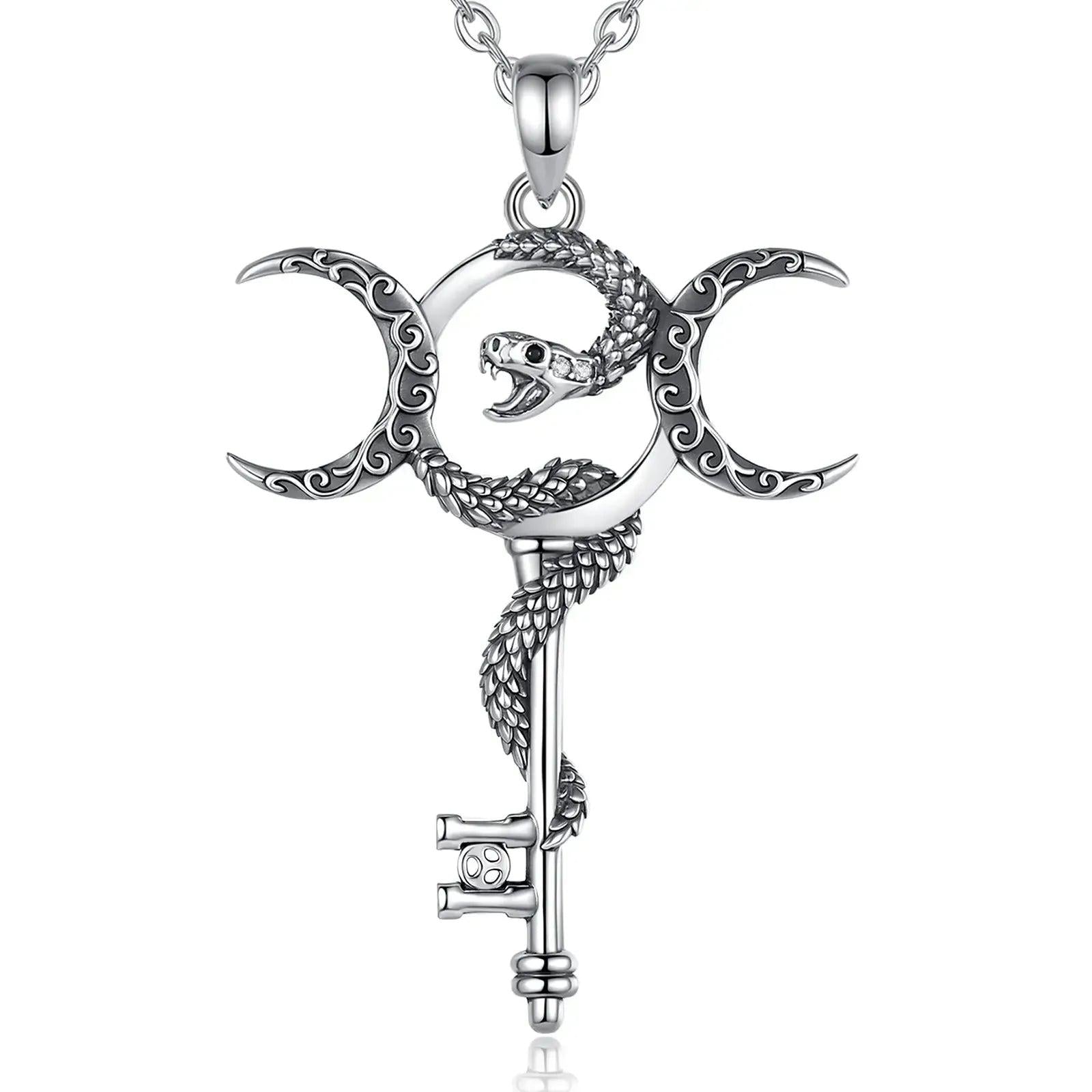 925 Sterling Silver Witchy Snake Key and Hecate Triple Moon Necklace Pagan Wicca Jewelry-MoonChildWorld