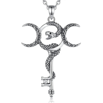 925 Sterling Silver Witchy Snake Key and Hecate Triple Moon Necklace Pagan Wicca Jewelry-MoonChildWorld