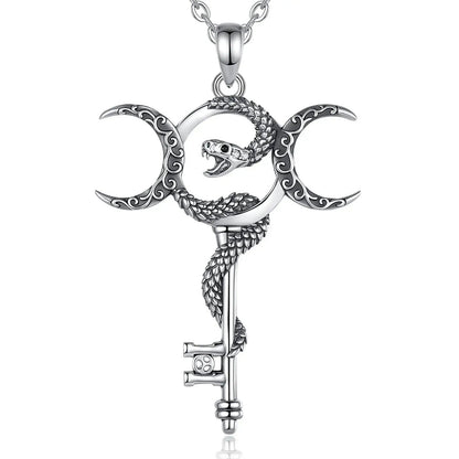 925 Sterling Silver Witchy Snake Key and Hecate Triple Moon Necklace Pagan Wicca Jewelry-MoonChildWorld