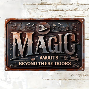 Magic Awaits Beyond These Doors Metal Sign Witch Wall Decor Halloween Welcome Sign