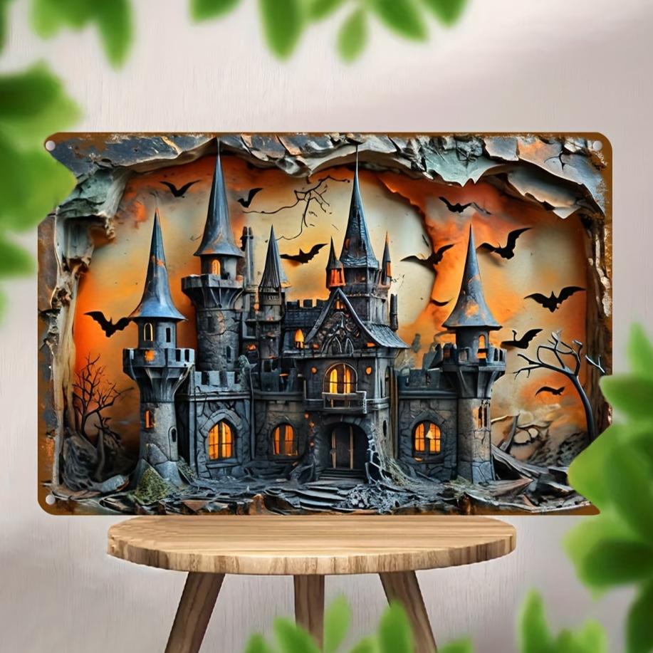 Halloween Decorative Sign Haunted Castle Wall Art Witch Castle Metal Sign-MoonChildWorld