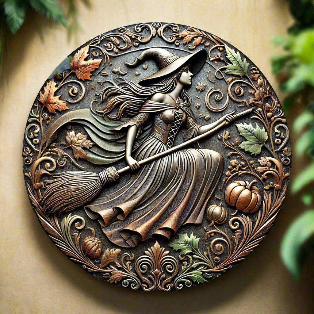 Witch With Broom & Pumpkin Halloween Wall Art Witch Metal Sign Witchy Home Decor-MoonChildWorld