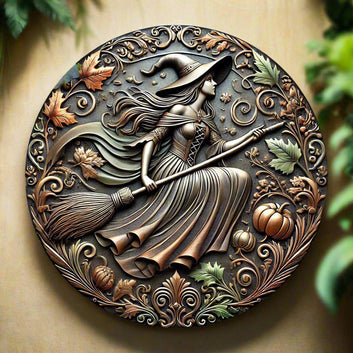 Witch With Broom & Pumpkin Halloween Wall Art Witch Metal Sign Witchy Home Decor