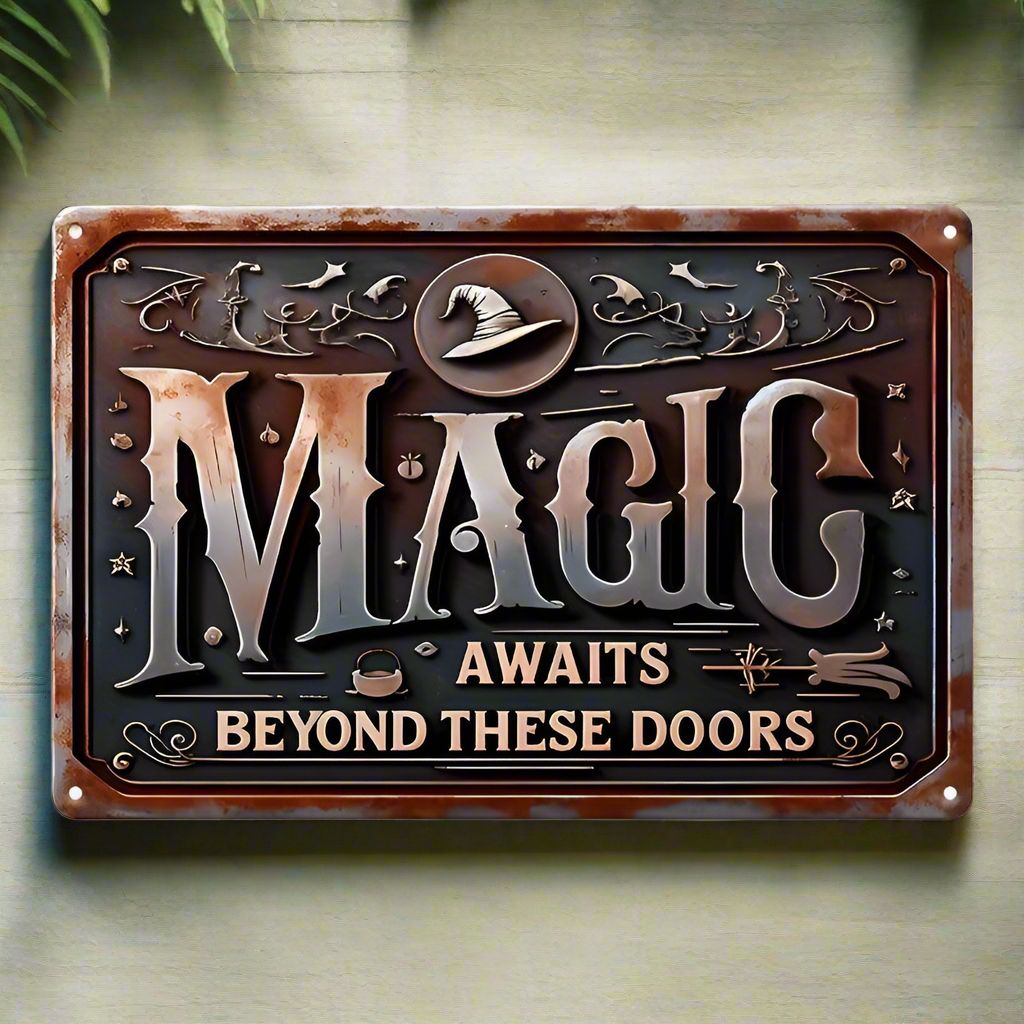 Magic Awaits Beyond These Doors Metal Sign Witch Wall Decor Halloween Welcome Sign-MoonChildWorld