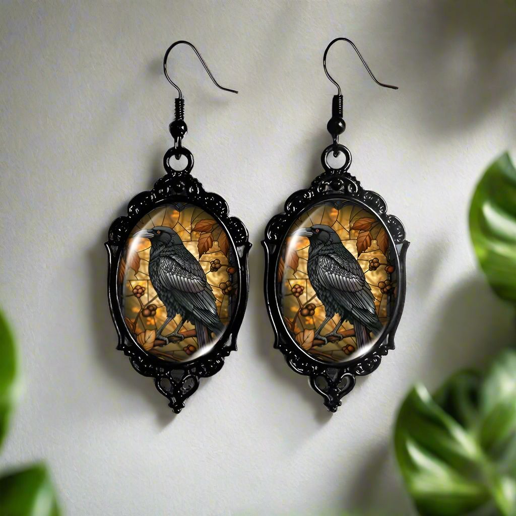 Halloween Black Raven Earrings Gothic Crow Glass Earrings Witch Jewelry-MoonChildWorld