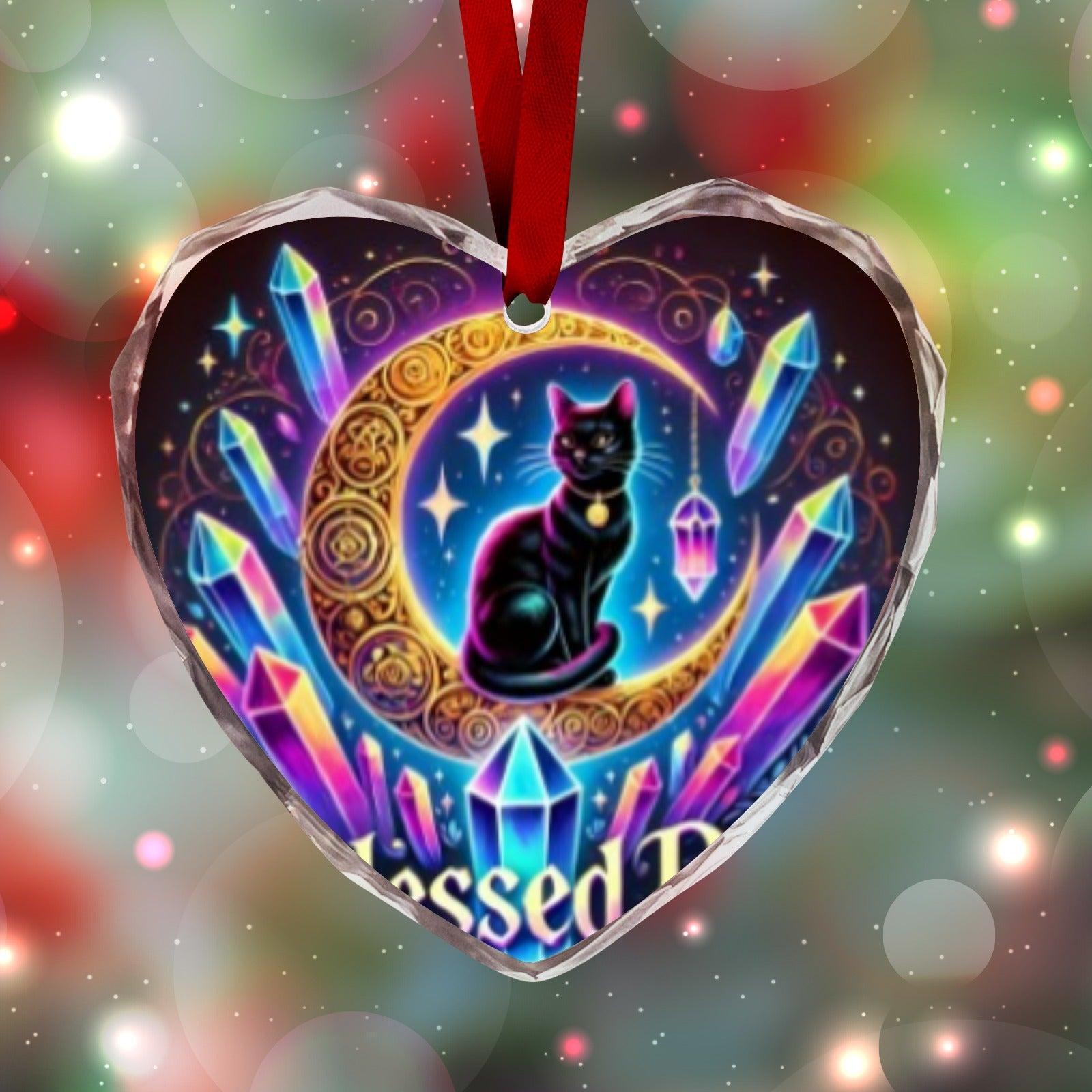 Crescent moon Black Cat Witchy Christmas Heart-Shaped Crystal Glass Ornament-MoonChildWorld