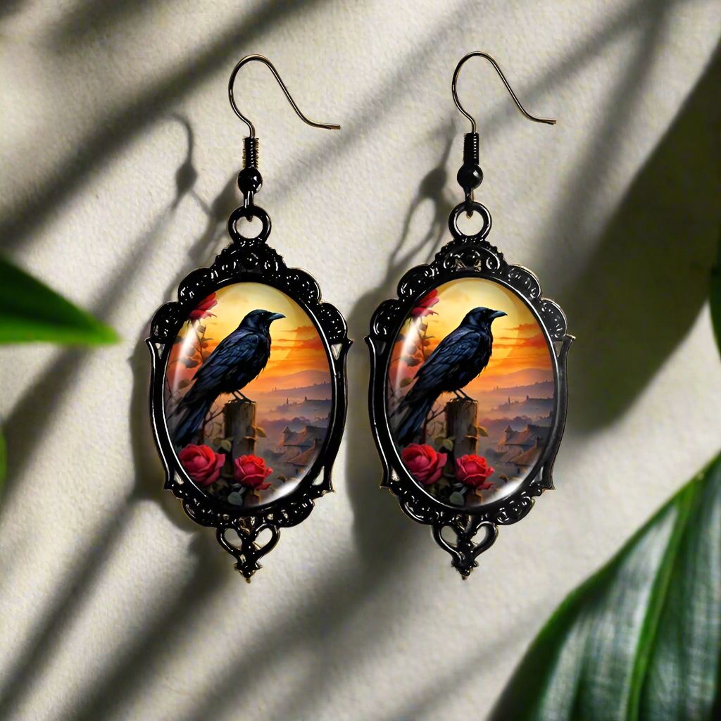 Halloween Black Raven Earrings Gothic Crow Glass Earrings Witch Jewelry-MoonChildWorld