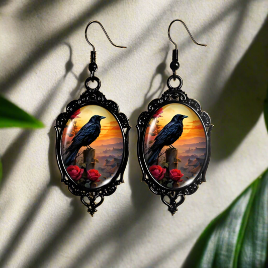 Halloween Black Raven Earrings Gothic Crow Glass Earrings Witch Jewelry