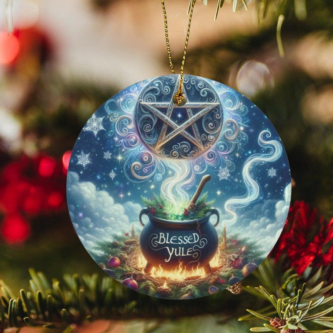 Pagan Pentacle Cauldron Witch Ceramic Christmas Ornament-MoonChildWorld