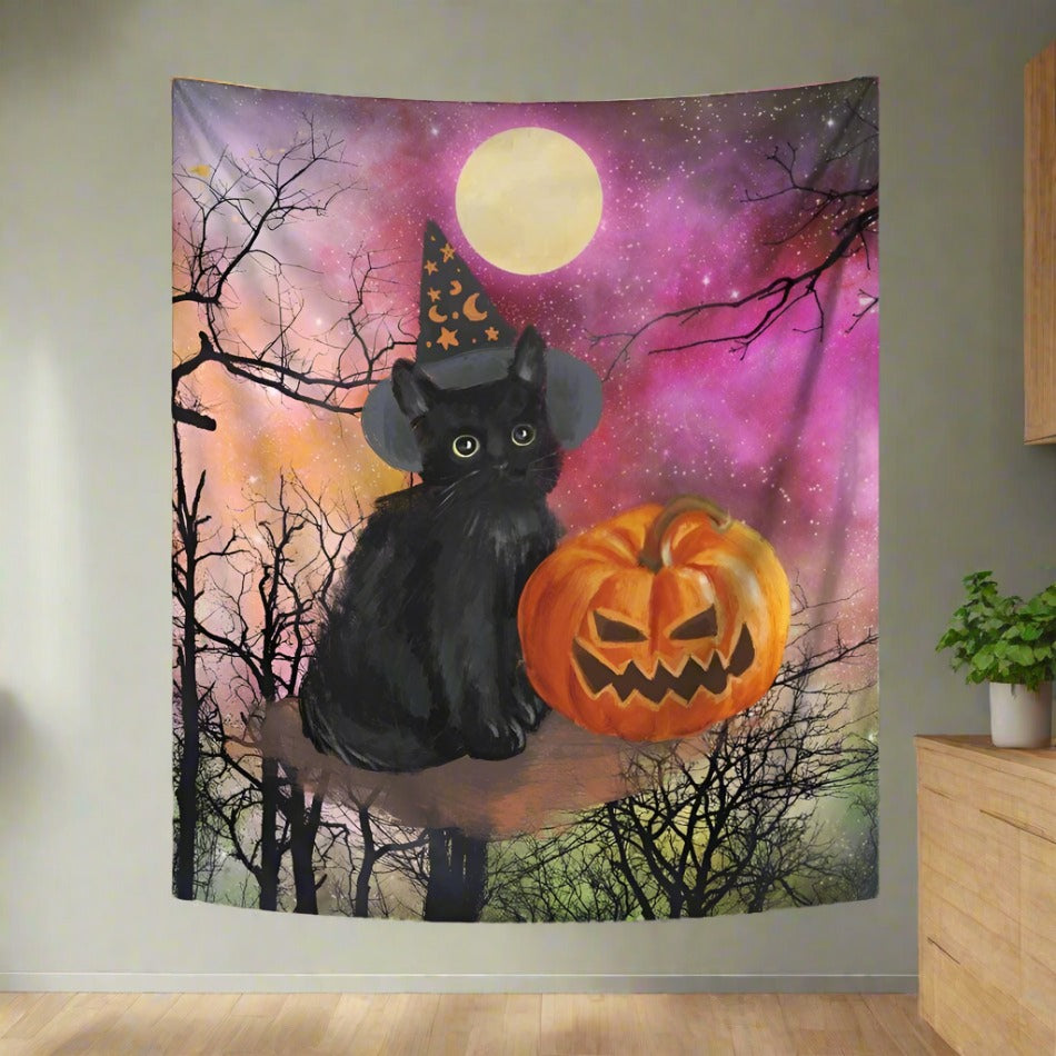 Moon Black Cat Tapestry Halloween Wall Hanging-MoonChildWorld