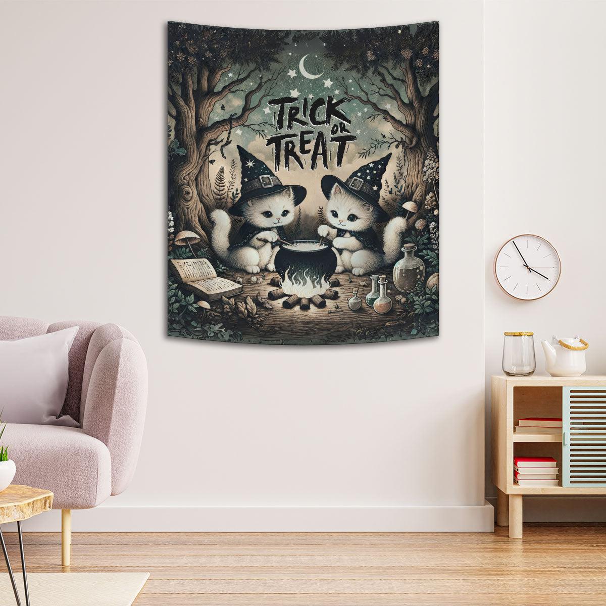 Cute Witchy Cat Tapestry Gothic Wall Hanging for Halloween-MoonChildWorld