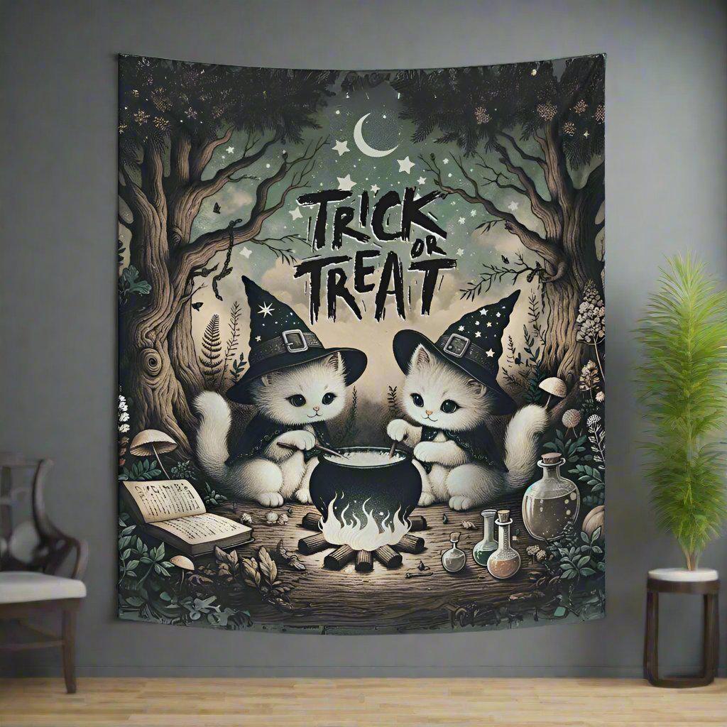 Cute Witchy Cat Tapestry Gothic Wall Hanging for Halloween-MoonChildWorld