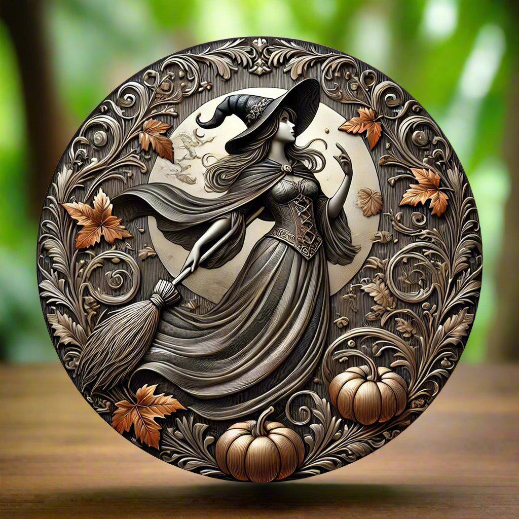 Enchanting Witch with Broom Witch Metal Sign Halloween Decor-MoonChildWorld