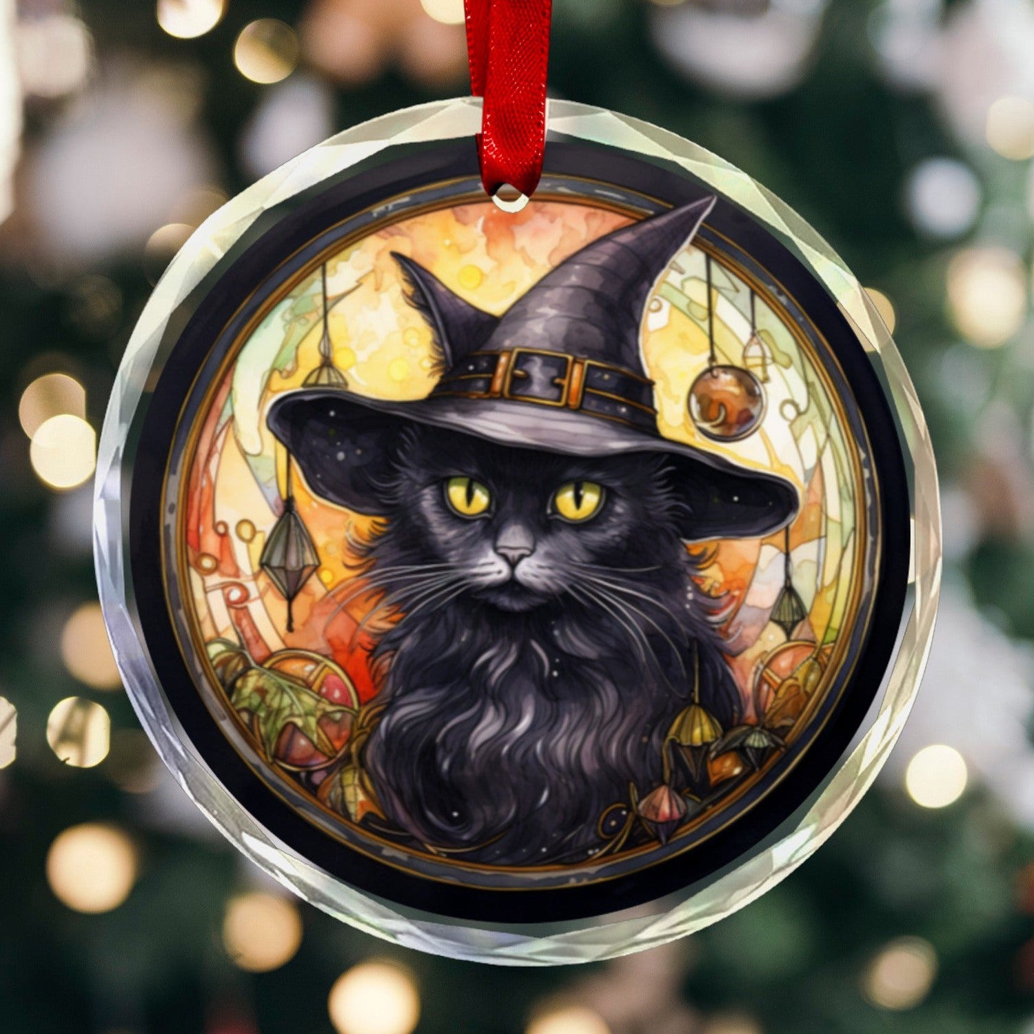 Black Cat Witchy Glass Christmas Ornament-MoonChildWorld