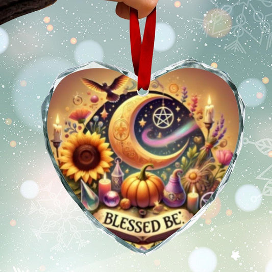Blessed Yule Pentacle Moon Wicca Heart-Shaped Crystal Glass Ornament