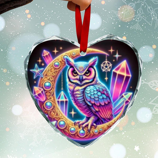 Mystic Moon Owl Wiccan Christmas Heart-Shaped Crystal Glass Ornament