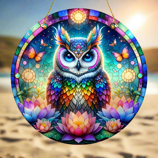 Lotus Owl Suncatcher Spirit Owl Acrylic Sign Owl Window Decor Mystic Owl Decor