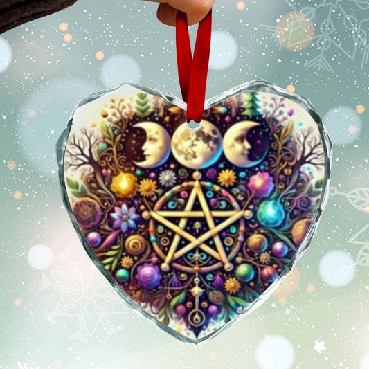 Witchcraft Pentacle Triple Moon Wicca Yule Heart-Shaped Crystal Glass Ornament