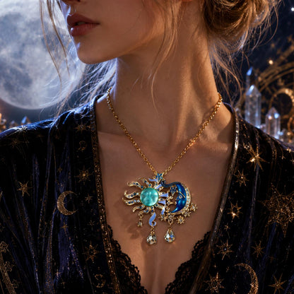 Wiccan sun and moon pendant necklace with celestial charms, worn with starry robe under full moon