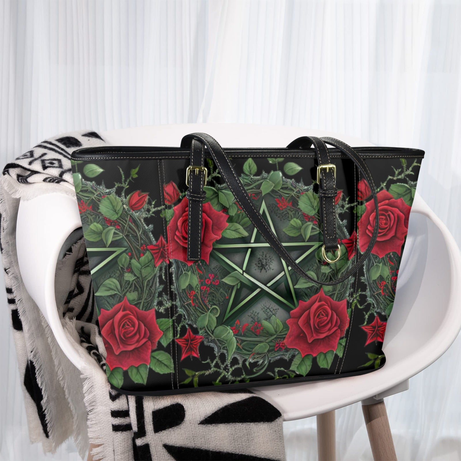 Gothic Roses Pentagram Pagan Tote Bag-MoonChildWorld