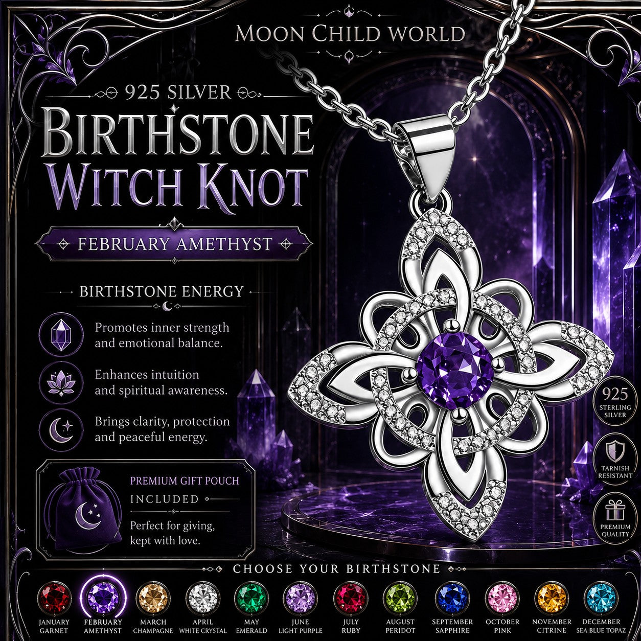 925 Silver Birthstone Witch Knot Ring Celtic Protection Amulet for Wiccan & Pagan-MoonChildWorld