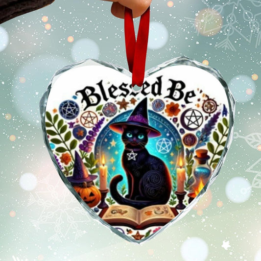 Witchy Black Cat Wicca Christmas Heart-Shaped Crystal Glass Ornament