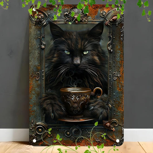 Coffee and Black Cat Wall Art Occult Cat Metal Sign for Spirit Animal Home Decor