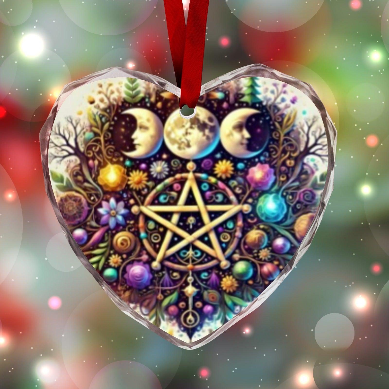 Witchcraft Pentacle Triple Moon Wicca Yule Heart-Shaped Crystal Glass Ornament-MoonChildWorld
