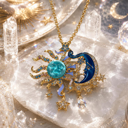 Sun and moon pendant necklace with crystals, stars, and celestial charms for witchcraft or altar decor