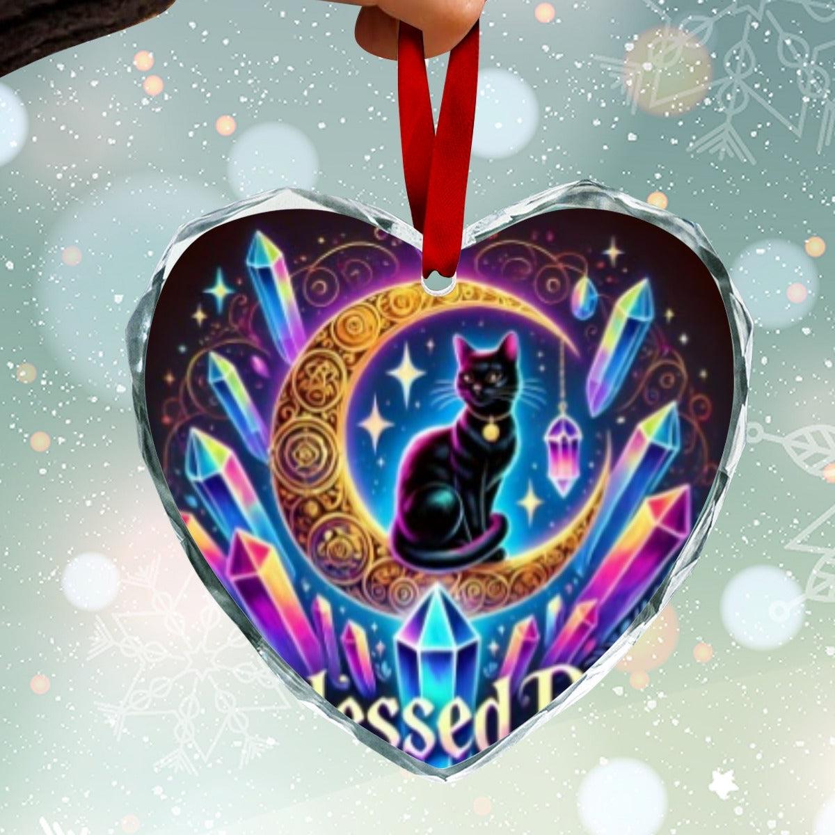 Crescent moon Black Cat Witchy Christmas Heart-Shaped Crystal Glass Ornament-MoonChildWorld