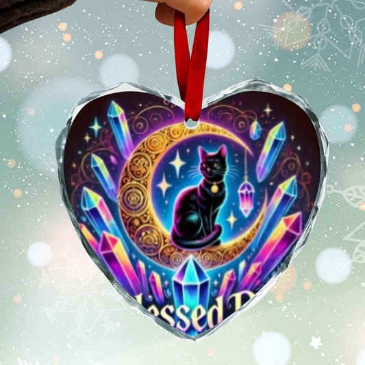 Crescent moon Black Cat Witchy Christmas Heart-Shaped Crystal Glass Ornament