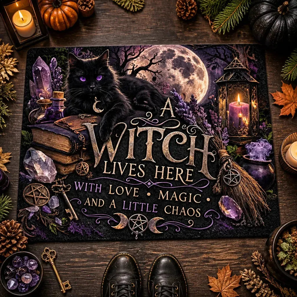 Moon Black Cat Wicca Doormat – Gothic Witch Familiar Welcome Mat_mockup_3.webp