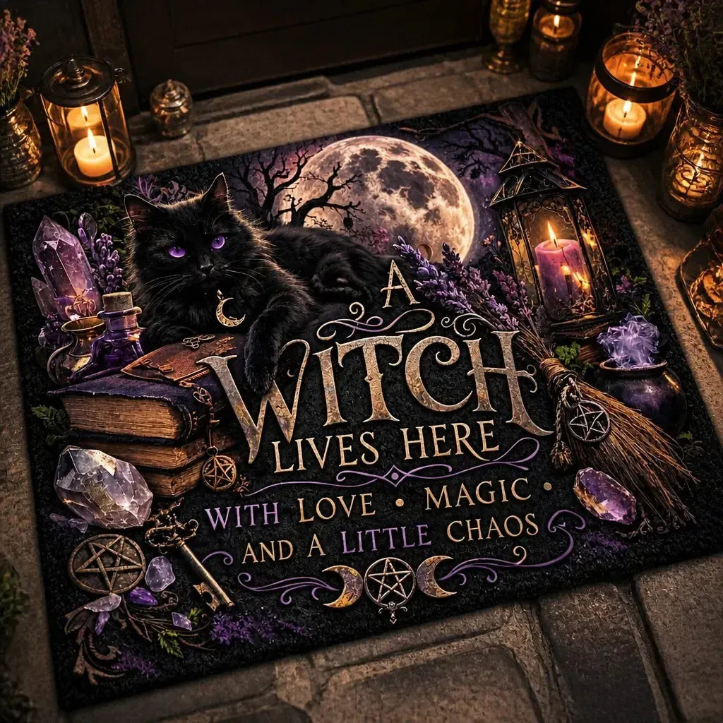 Moon Black Cat Wicca Doormat – Gothic Witch Familiar Welcome Mat_mockup_2.webp