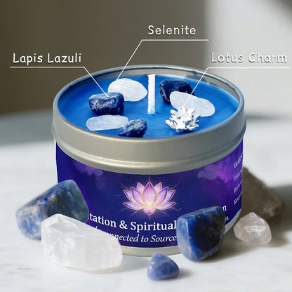 Meditation & Spiritual Connection candle labeled with lapis lazuli, selenite, and lotus charm