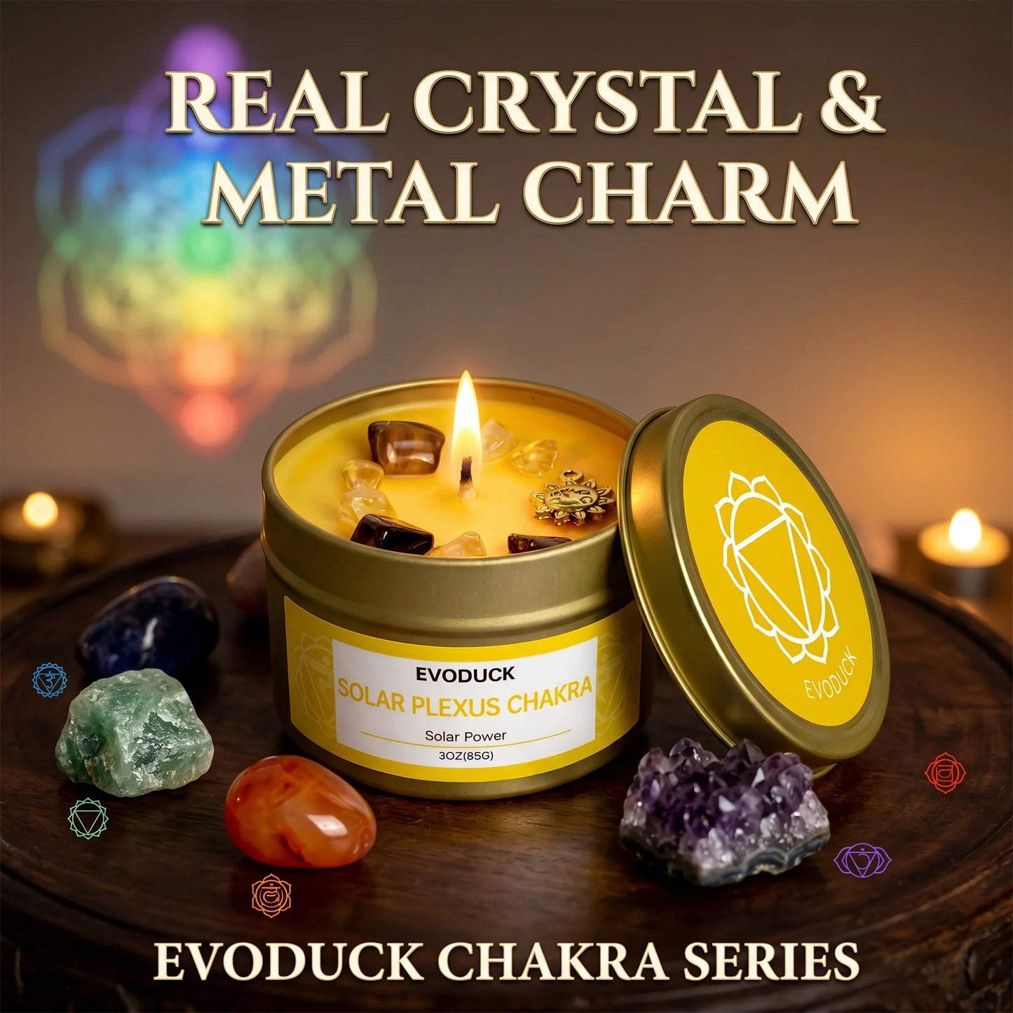Solar Plexus Chakra rosemary candle with real crystal chakra stones and metal charm