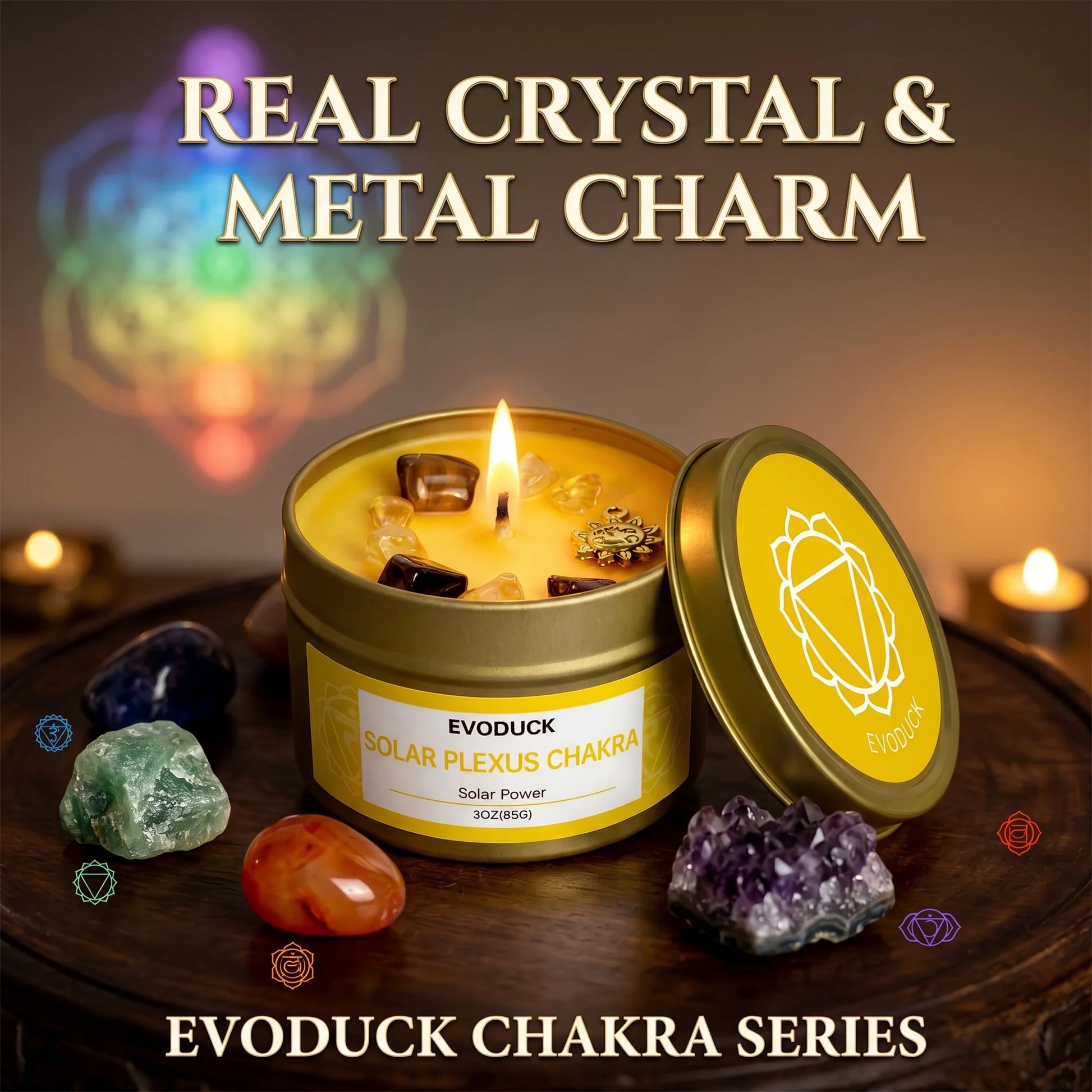 Solar Plexus Chakra rosemary candle with real crystal chakra stones and metal charm