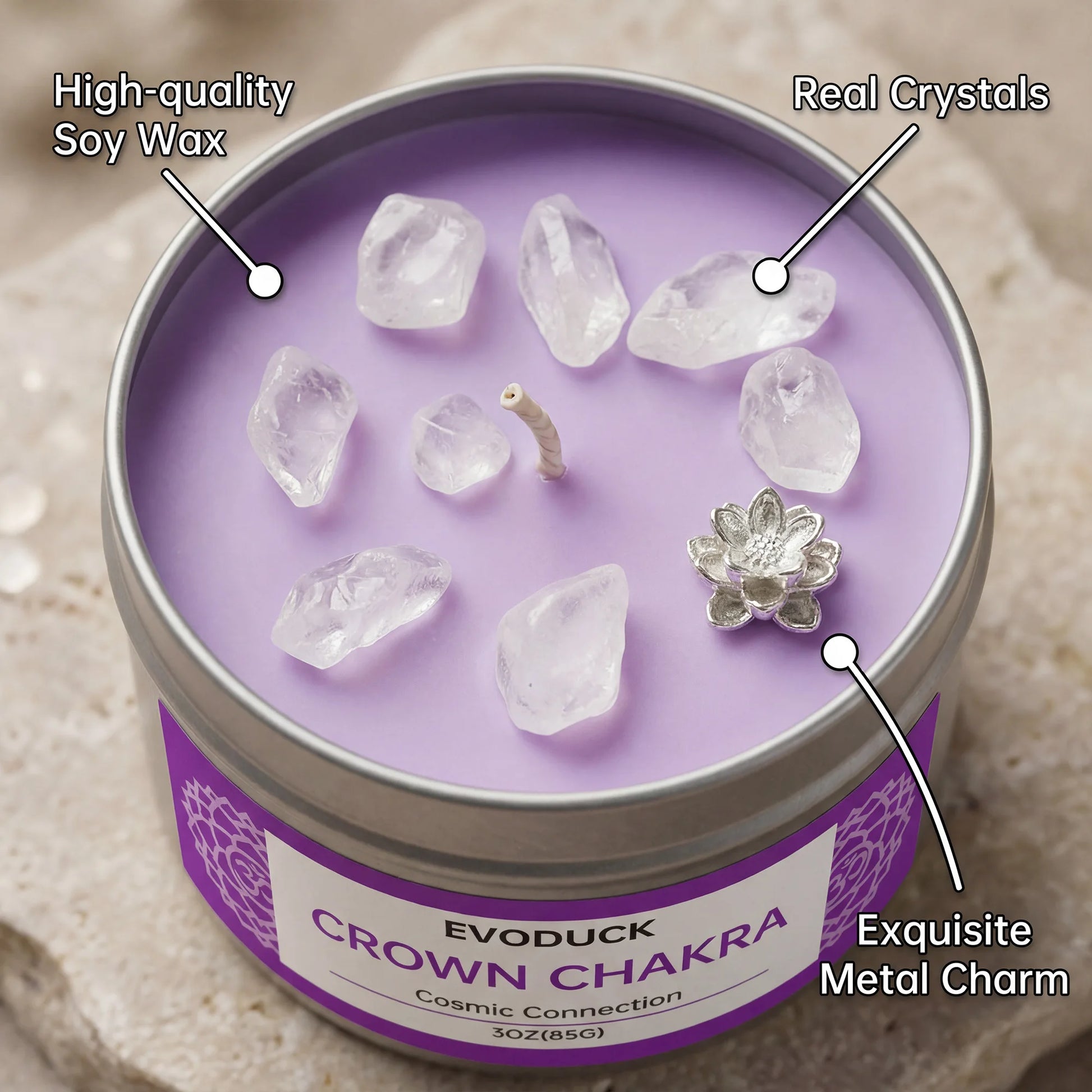 Crown Chakra candle close-up labeled with soy wax, real crystals, and metal lotus charm