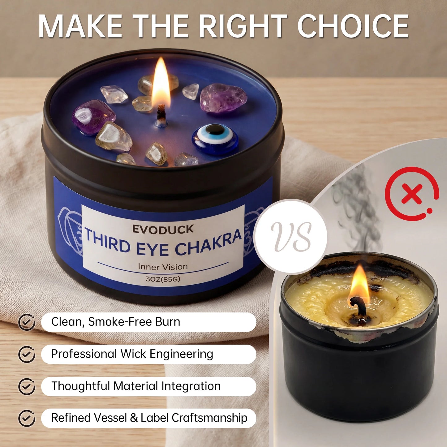 Third Eye Chakra crystal candle quality comparison versus a low-quality black candle