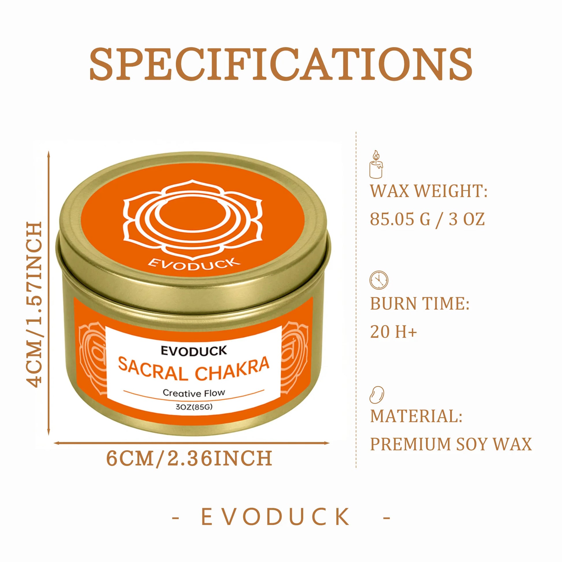 Sacral Chakra candle specifications: wax weight, burn time, soy wax material, and size