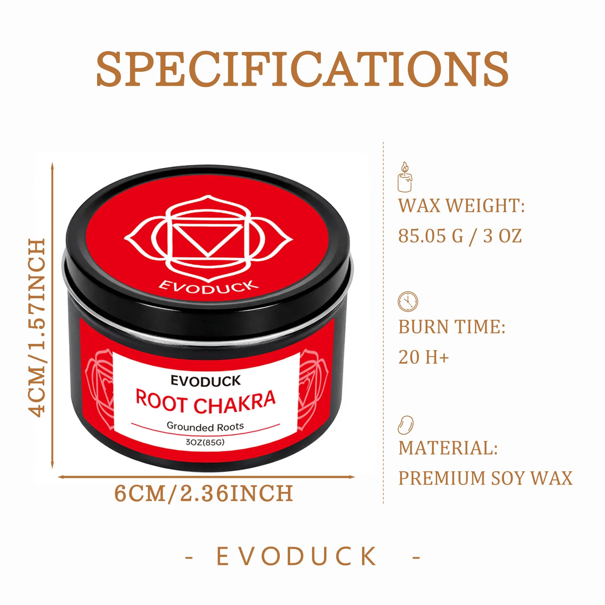 Root Chakra candle specifications: wax weight, burn time, soy wax material, and size