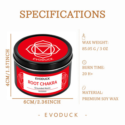 Root Chakra candle specifications: wax weight, burn time, soy wax material, and size